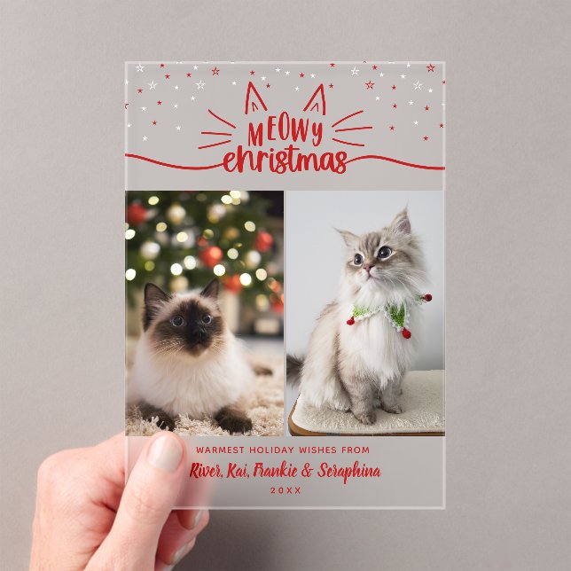 Red White Stars 2 Cat Photos Meowy Christmas Acrylic Invitations (Insitu (Handheld))