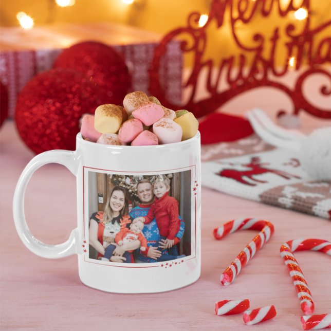 Red & White Stars Family Photo Merry Christmas Coffee Mug (Creator Uploaded)