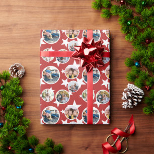 Red White Stars Stripes Round Photos Christmas Wrapping Paper