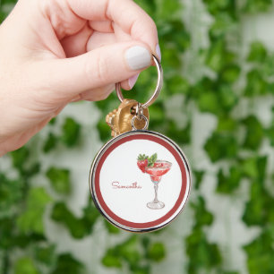 Red White Strawberry Cocktail Drink Key Ring