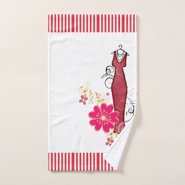 Red & White Stripe Bathroom Towel Sets Floral (Hand Towel)