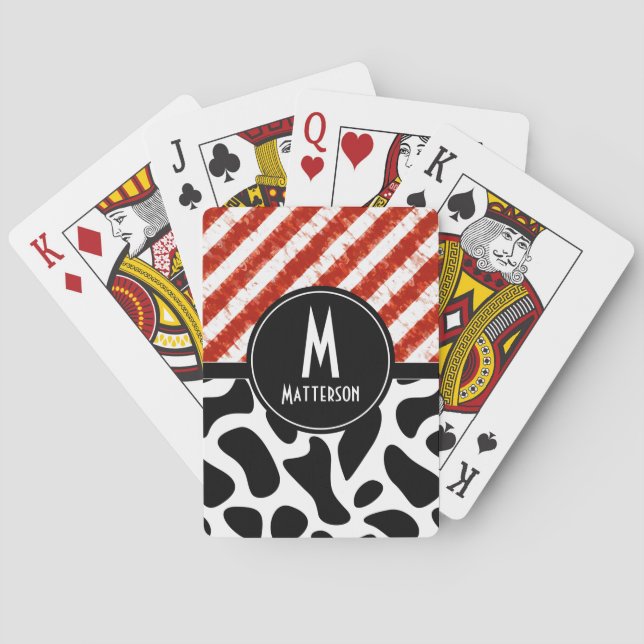 Red White Stripe Black Pattern Monogram Playing Cards (Back)