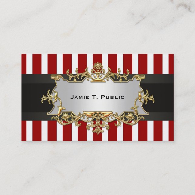 Red White Stripe, Black Ribbon, Gold Framed Label Business Card (Front)