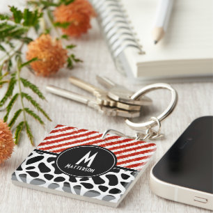 Red White Stripe Black White Pattern Monogram  Key Ring