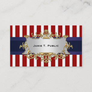 Red White Stripe, Blue Ribbon, Gold Framed Label Business Card