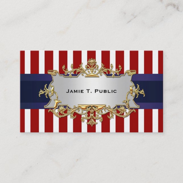 Red White Stripe, Blue Ribbon, Gold Framed Label Business Card (Front)