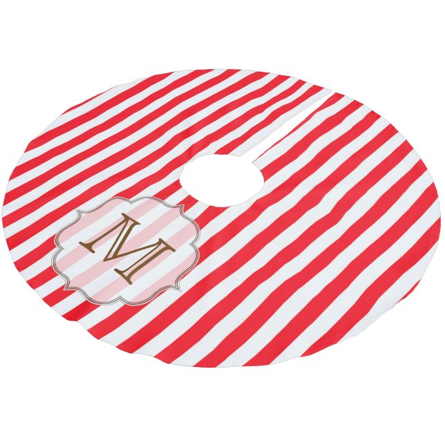 Red White Stripe Candy Monogram Initial Tree Skirt (Angled)
