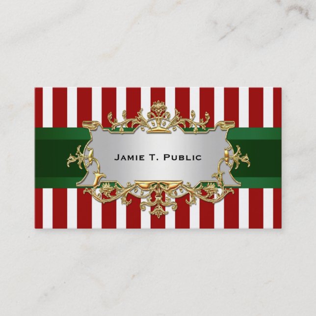 Red White Stripe, Green Ribbon, Gold Framed Label Business Card (Front)