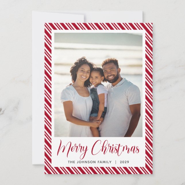 Red White Stripe Merry Christmas Photo Holiday Card (Front)