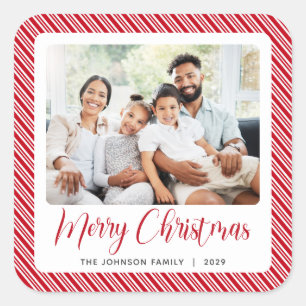 Red White Stripe Merry Christmas Photo Square Sticker