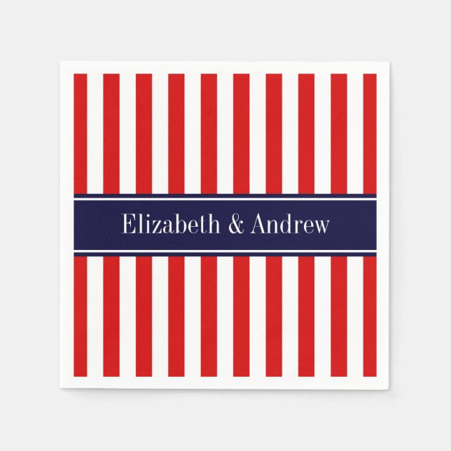 Red White Stripe Navy Blue Name Monogram Napkin (Front)