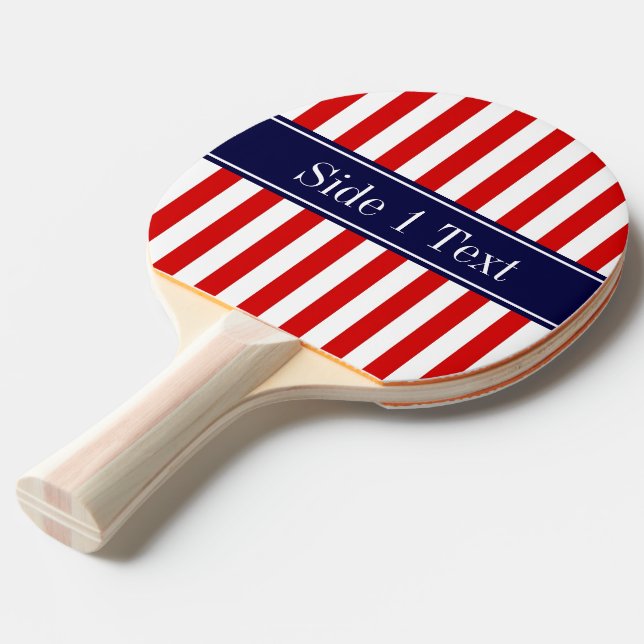 Red White Stripe Navy Blue Name Monogram Ping Pong Paddle (Front Angle)