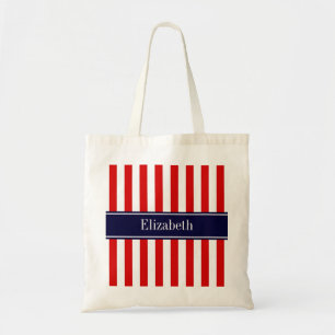 Red White Stripe Navy Blue Name Monogram Tote Bag
