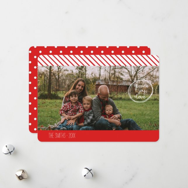 Red White Stripe Peace Joy Love Holiday Photo Card (Front/Back In Situ)