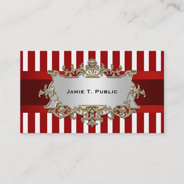 Red White Stripe, Red Ribbon, Gold Framed Label Business Card (Front)