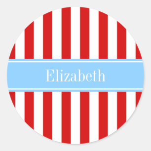 Red White Stripe Sky Blue Name Monogram Classic Round Sticker