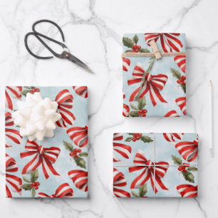Red White Striped Bows Christmas Holly Wrapping Paper Sheet