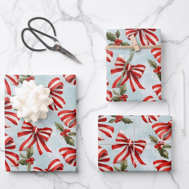 Red White Striped Bows Christmas Holly Wrapping Paper Sheet (Front)