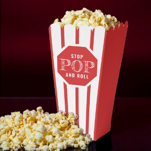 Red & White Striped Stop Pop & Roll Funny Popcorn Favour Box