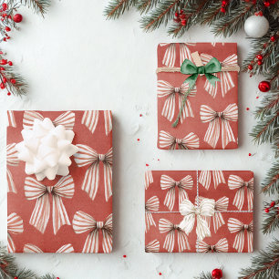 Red White Stripes Bows Christmas Wrapping Paper Sheet