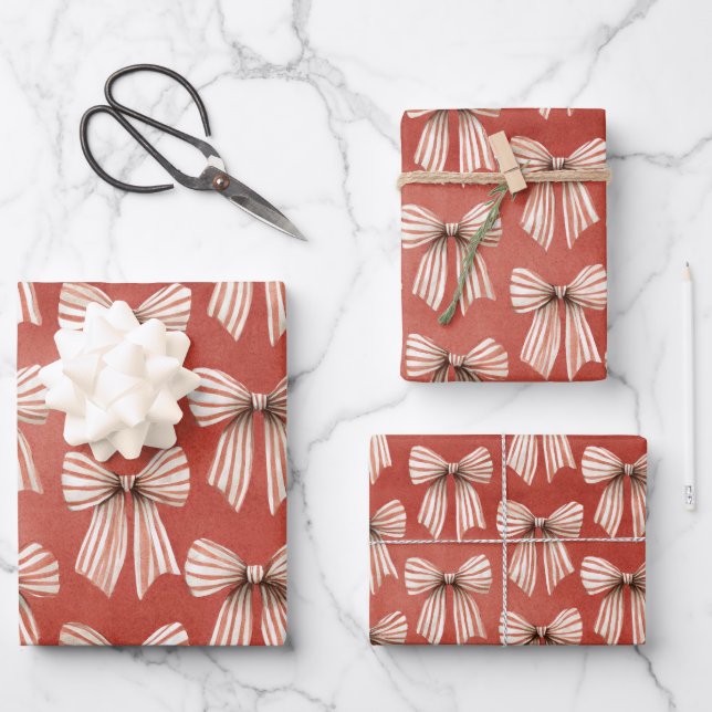 Red White Stripes Bows Christmas Wrapping Paper Sheet (Front)