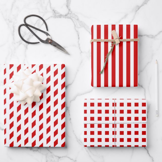 Red white stripes check diamond geometric pattern wrapping paper sheet (Front)