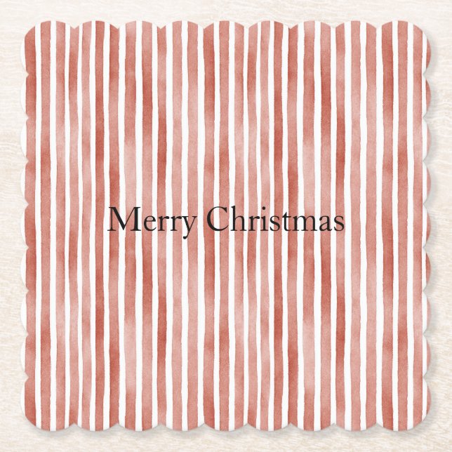 Red White Stripes Christmas Paper Coaster (Front)
