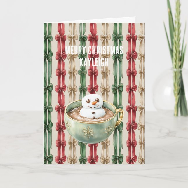 Red White Stripes Christmas Ribbons Snowman Card (Front)
