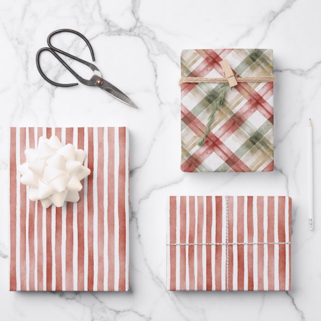Red White Stripes Christmas Wrapping Paper Sheet (Front)