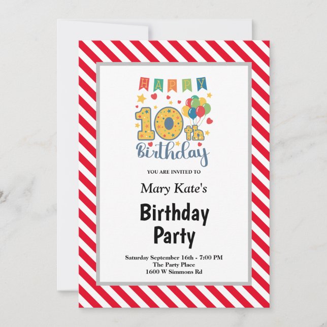 Red/White Stripes Framed 10th Birthday Party Invitation (Front)