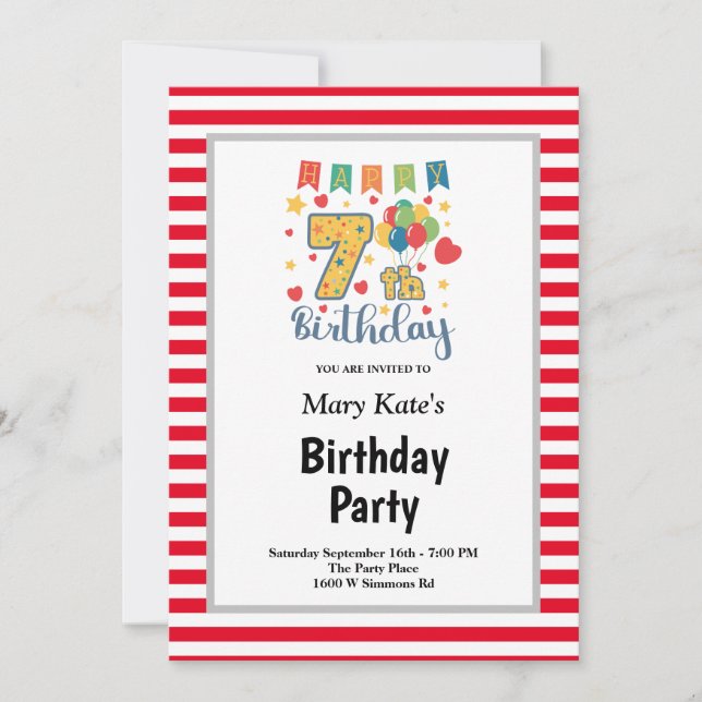 Red/White Stripes Framed 7th Birthday Party Invitation (Front)