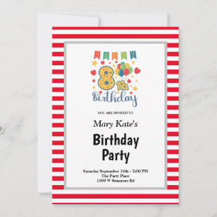 Red/White Stripes Framed 8th Birthday Party Invitation
