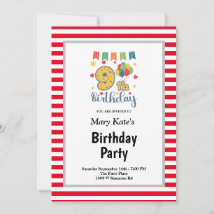 Red/White Stripes Framed 9th Birthday Party Invitation