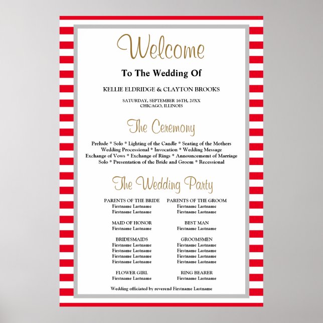 Red/White Stripes Framed Wedding Program Poster (Front)
