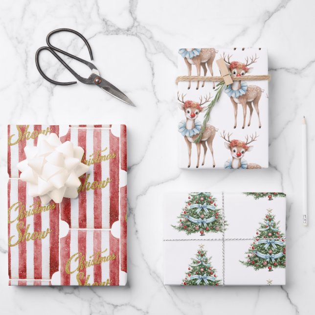 Red White Stripes Gold Glitter Christmas Deer Tree Wrapping Paper Sheet (Front)