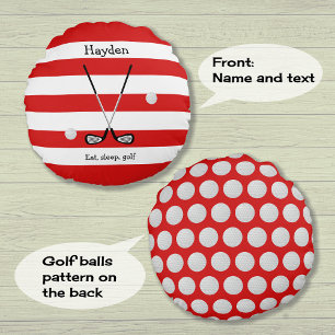 Red white stripes golf text add name round cushion