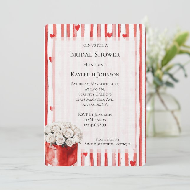 Red White Stripes Hearts Roses Bridal Shower  Invitation (Standing Front)