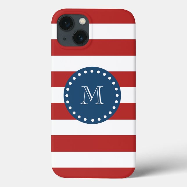 Red White Stripes Pattern, Navy Blue Monogram Case-Mate iPhone Case (Back)
