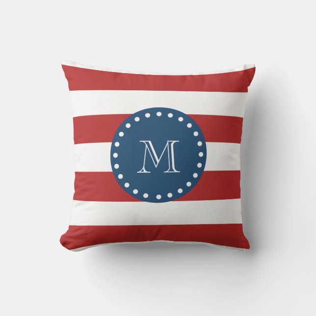 Red White Stripes Pattern, Navy Blue Monogram Cushion (Front)