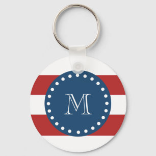 Red White Stripes Pattern, Navy Blue Monogram Key Ring