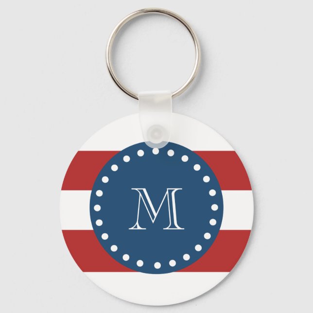 Red White Stripes Pattern, Navy Blue Monogram Key Ring (Front)