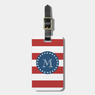 Red White Stripes Pattern, Navy Blue Monogram Luggage Tag