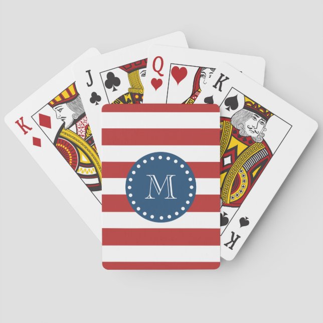 Red White Stripes Pattern, Navy Blue Monogram Playing Cards (Back)