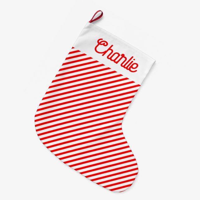 Red & White Stripes Personalised Large Christmas Stocking (Front (Hanging))