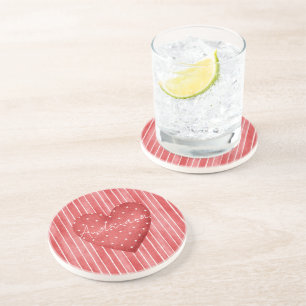 Red White Stripes Polka Dots Heart Coaster