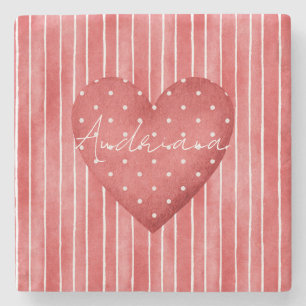 Red White Stripes Polka Dots Heart Stone Coaster
