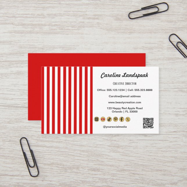 Red White Stripes & QR Code & Social Media Icons Business Card (Front/Back In Situ)