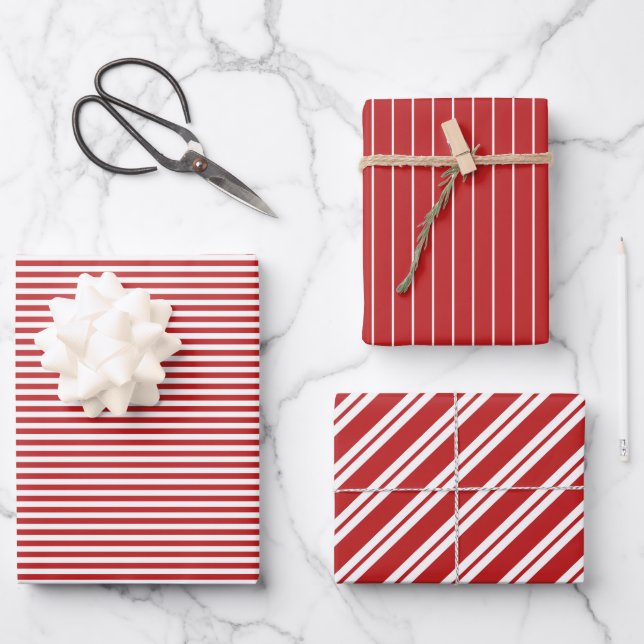 Red White Stripes Simple Holiday Patterns Wrapping Paper Sheet (Front)