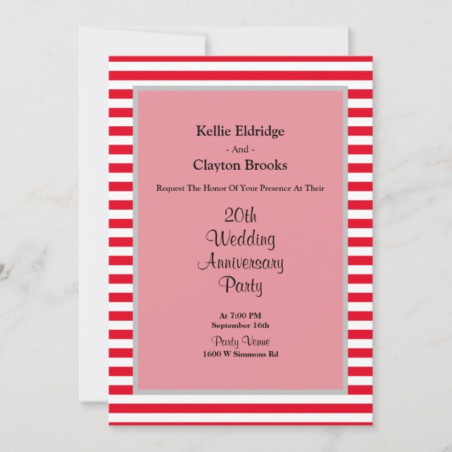 Red/White Stripes Wedding Anniversary Party Invitation (Front)