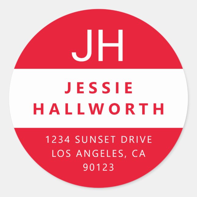 Red & White Stylish Modern Monogram Classic Round Sticker (Front)